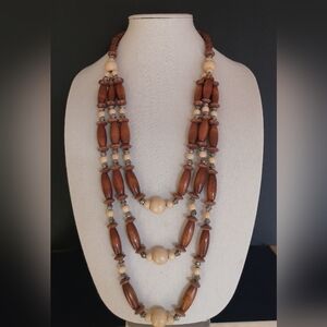 French Artisan Necklace Bohemian Wood Beads Multi-Strand Statement 